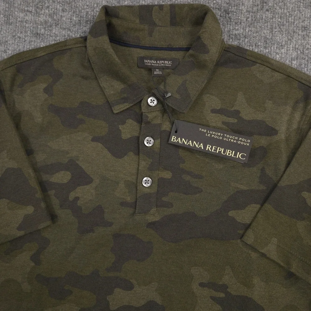 Banana Republic Polo Shirt Mens M Green Camo AOP Luxury Touch Cotton Preppy NEW